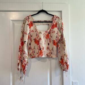 Anthropologie Women's Fitted Longsleeve Blouse Open Back Cream Floral‎ Sz L